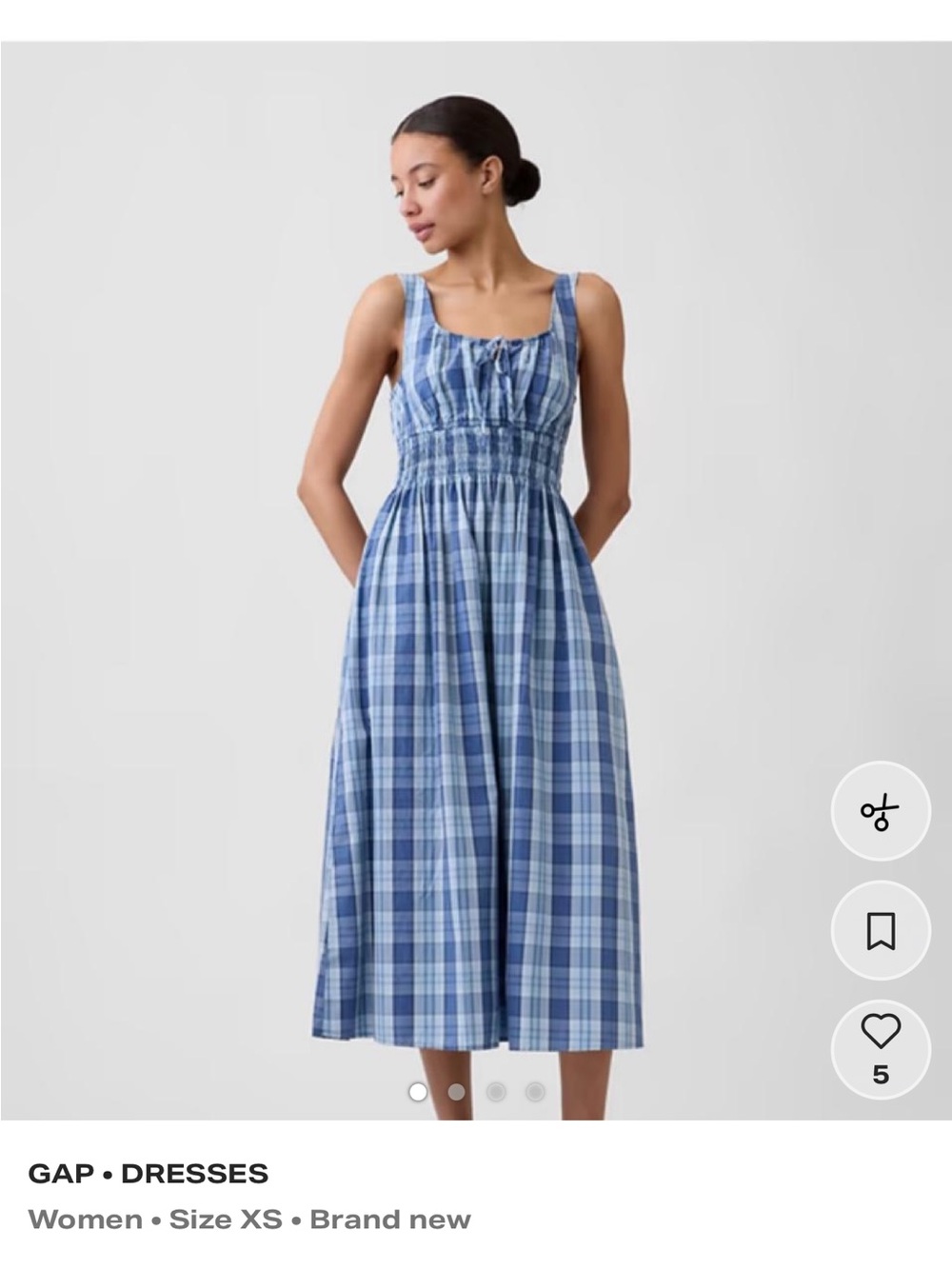GAP Blue Plaid Smocked Waist Midi Dress